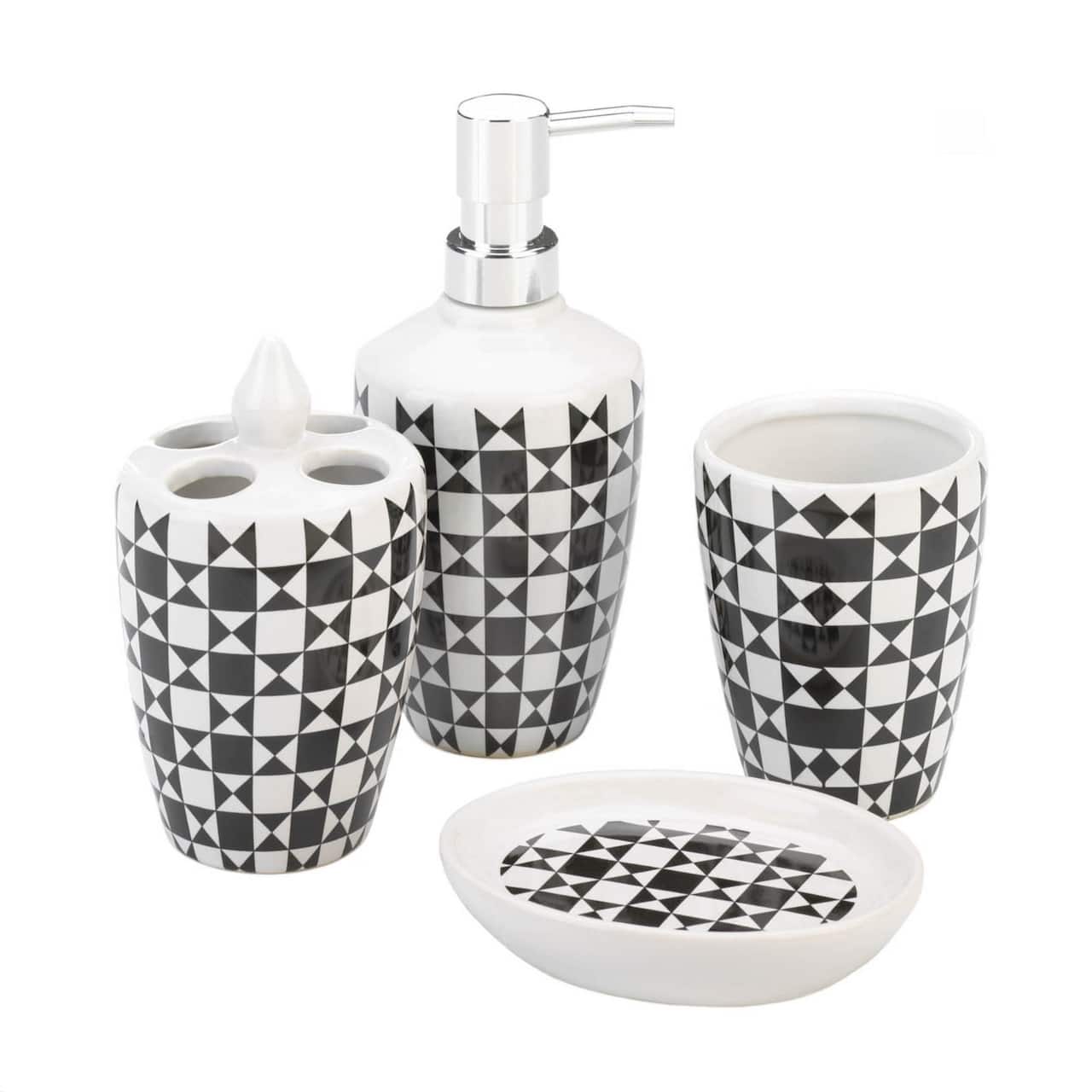 Geometric Pattern Bath Accessory Set 3.25" x 3.25" x 7.25" each.